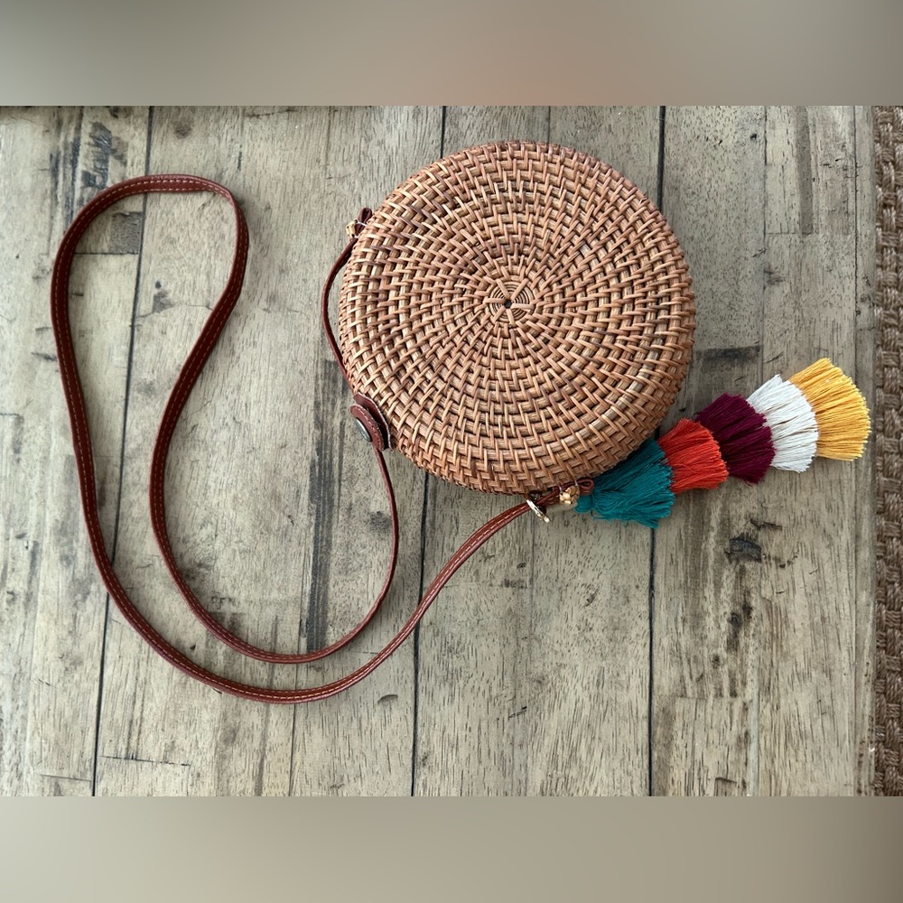 EUC Basket Weave Round Purse Crossbody Bag.